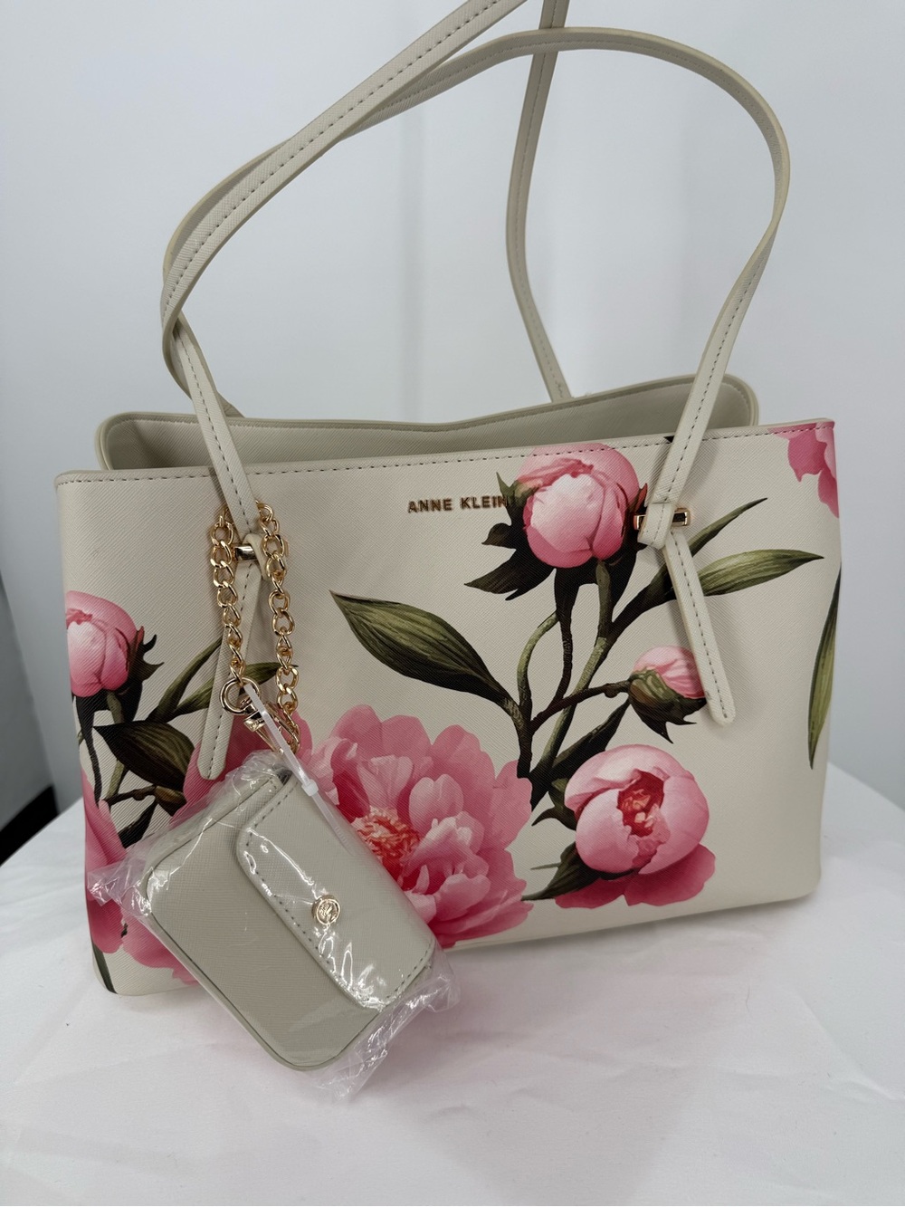 Anne Klein Pink Peony Floral Saffiano Tote Bag Shoulder Handbag Coin Purse NWT